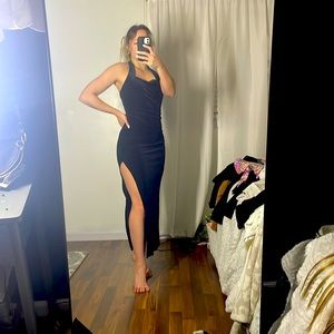 Y2K sexy Black velvet halter slit dress Small